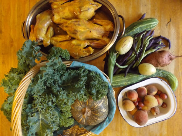 Home-grown harvest - chicken, vegetables and fruit_C_600px harvest of vegetables, fruit and cooked roast chicken all laid out in baskets or dishes