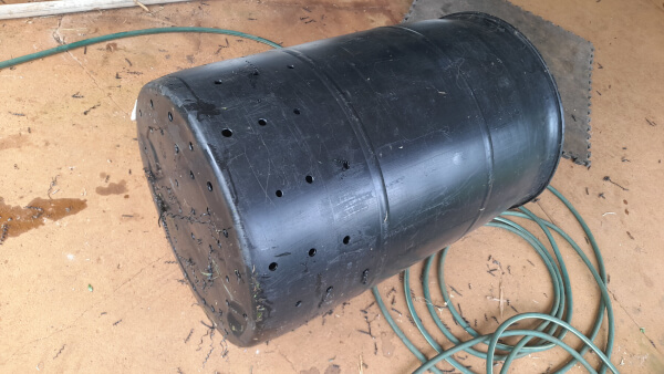 44 gallon drum with top removed and holes drilled in bottom to make a sweet potato growing container 
